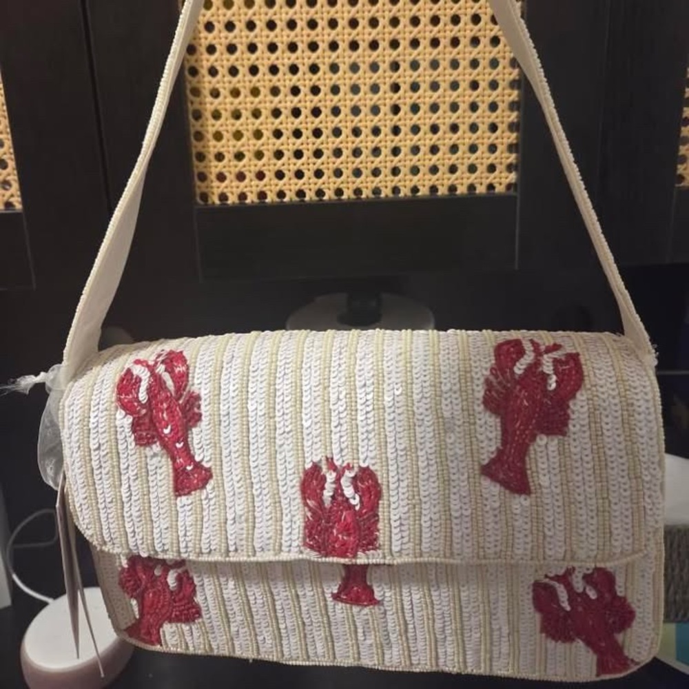 Lobster Embroidered Cream and red BEADED BAG